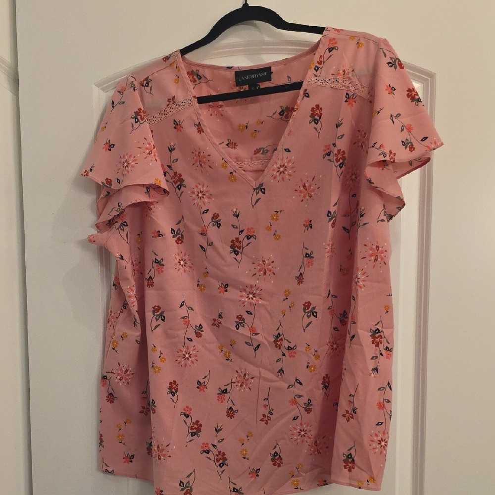 Lane Bryant Pink Floral V-Neck Ruffle Sleeve Blouse
